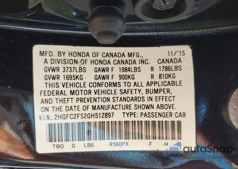 2016 Honda Civic Lx из США, поврежденный, VIN 2HGFC2F52GH512897